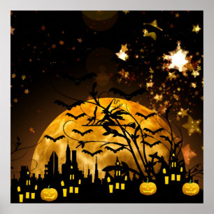 Poster Flying Witch Harvest Moon Bats Halloween Venin