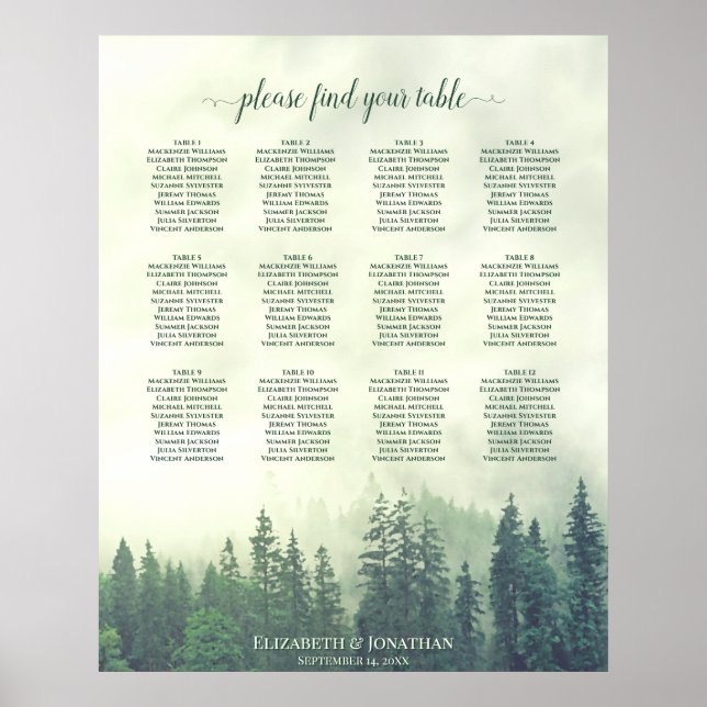 Poster Foggy Green Forest 12 Table Wedding Seating Chart (Devant)