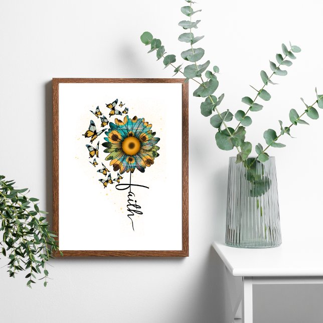 Poster Foi Fleurs de soleil papillons chrétien Religieux (Faith butterflies Sunflowers Wall Art. Digital and Printed. )