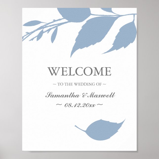 Poster Foliage d'automne Dusty Blue Feuille Mariage Bienv (Devant)