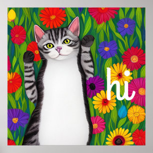 Poster Folk Art Colorful Chat et Fleurs disant Hi AI art