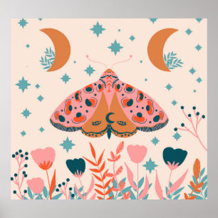 Poster Folk Art Moths : Illustration Vintage brillante