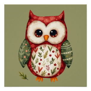 Poster Folk Art Owl Woodland Cottagecore Design