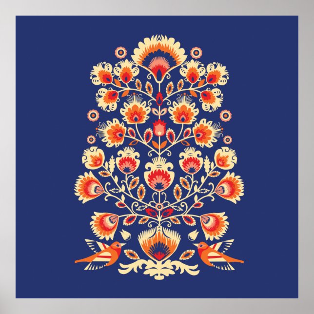 Poster 💙 💛 🧡 Folklore aux fleurs jaunes et aux oiseaux (Devant)