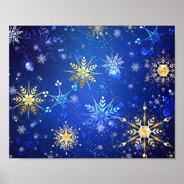 Poster Fond bleu XMAS avec flocons de neige dorés (Devant)