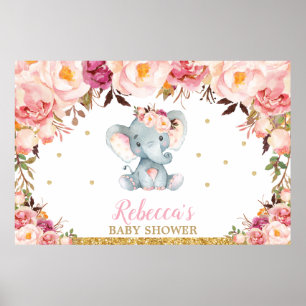Poster Fond de fête de douche de bébé éléphant floral ros