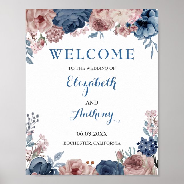 Poster Fond de mariage à l'aquarelle rose mauve bleu mari (Devant)