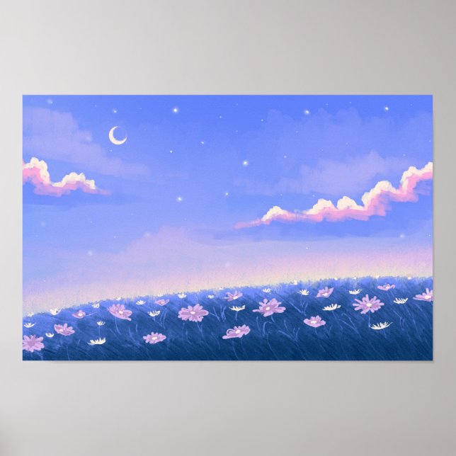 Poster Fond d'écran mignon kawaii avec jardin nocturne (Devant)