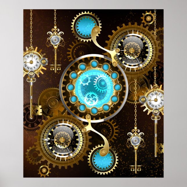 Poster Fond rouillé Steampunk avec verres turquoise (Devant)