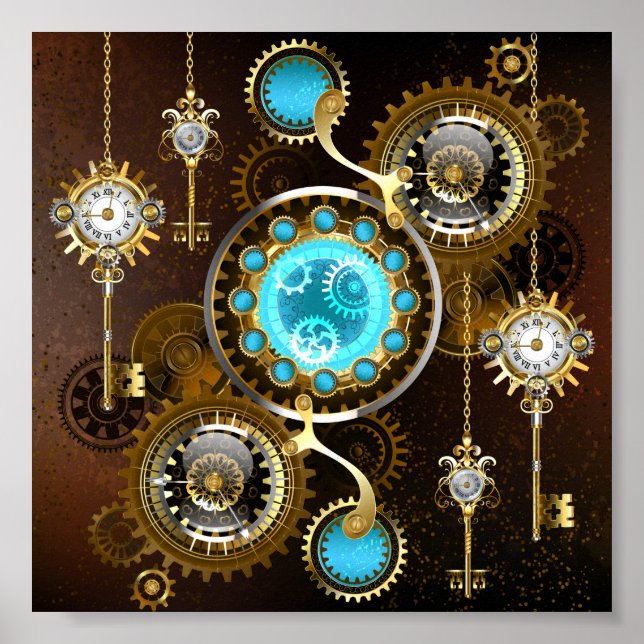 Poster Fond rouillé Steampunk avec verres turquoise (Devant)