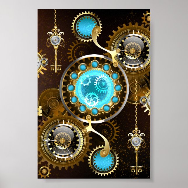 Poster Fond rouillé Steampunk avec verres turquoise (Devant)