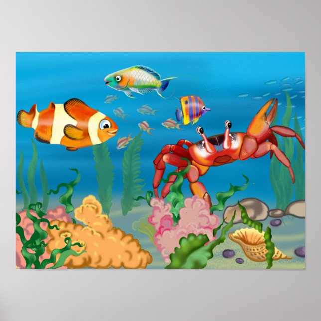 Poster fonds marins au crabe rouge, algues et poissons, m (Devant)
