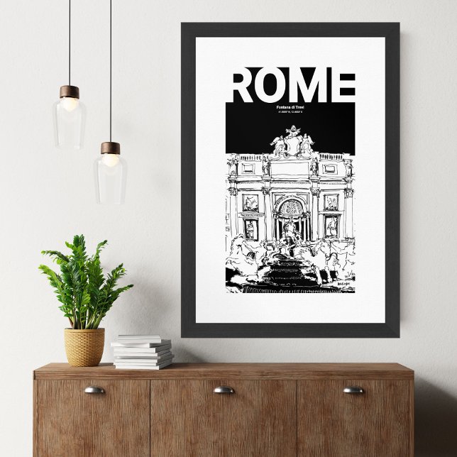 Poster Fontaine de Rome Trevi Noir Blanc Sketch de voyage (Fontana di Trevi Rome Black White Sketch Mate Poster)
