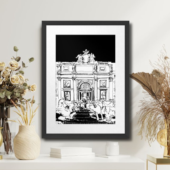 Poster Fontaine de Rome Trevi Noir Blanc Voyage Art Impri (Rome Trevi Fountain Black White Travel Art Print)