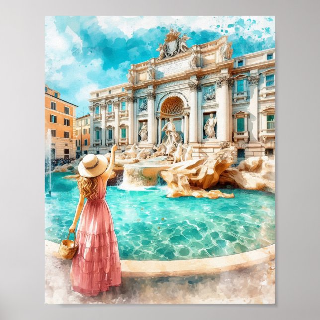 Poster Fontaine de Trevi Italie Aquarelle Art (Devant)