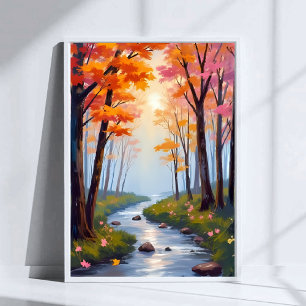 Poster Forest Creek Paysage aquarelle de feuillage d'au