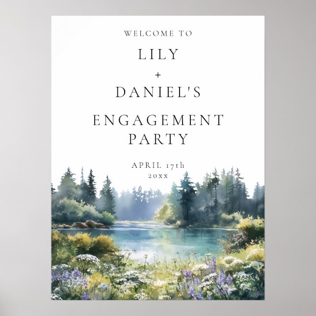Poster Forest Lake Floral Engagement Party Welcome Sign (Devant)