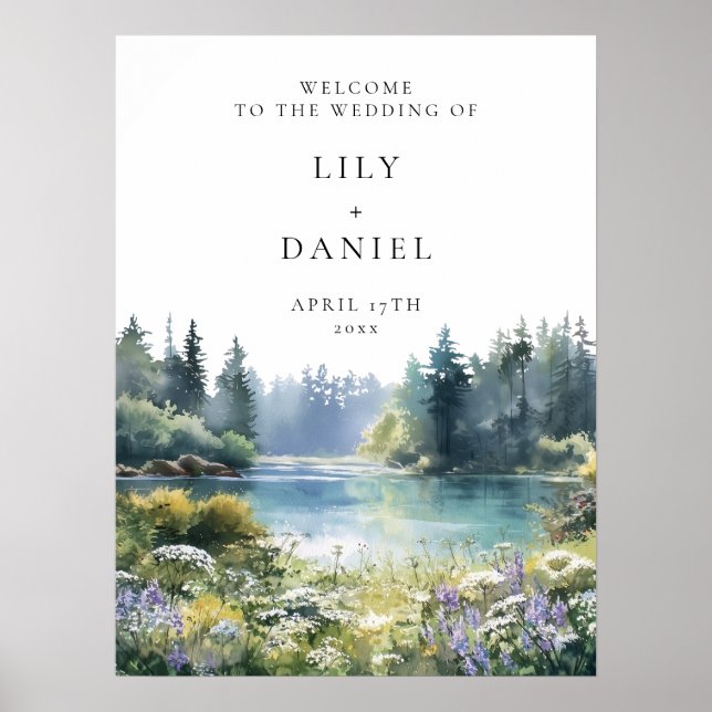 Poster Forest Lakeside Wildflowers Wedding Welcome Sign (Devant)