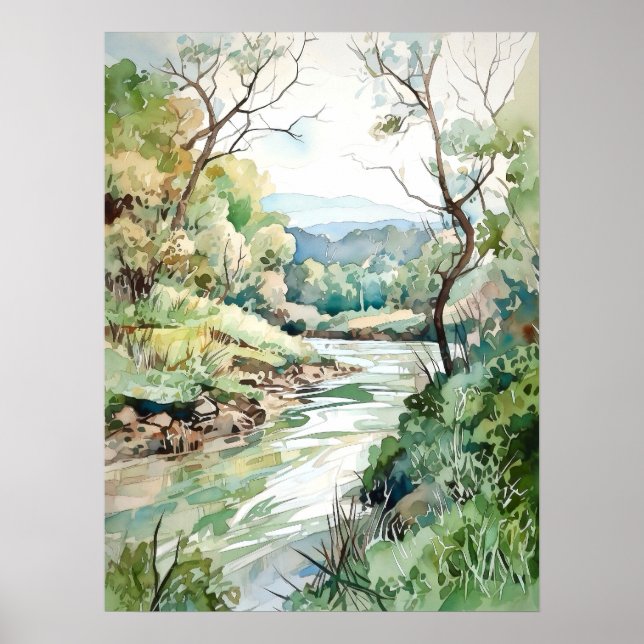 Poster Forest River Watercolor Painting  (Devant)