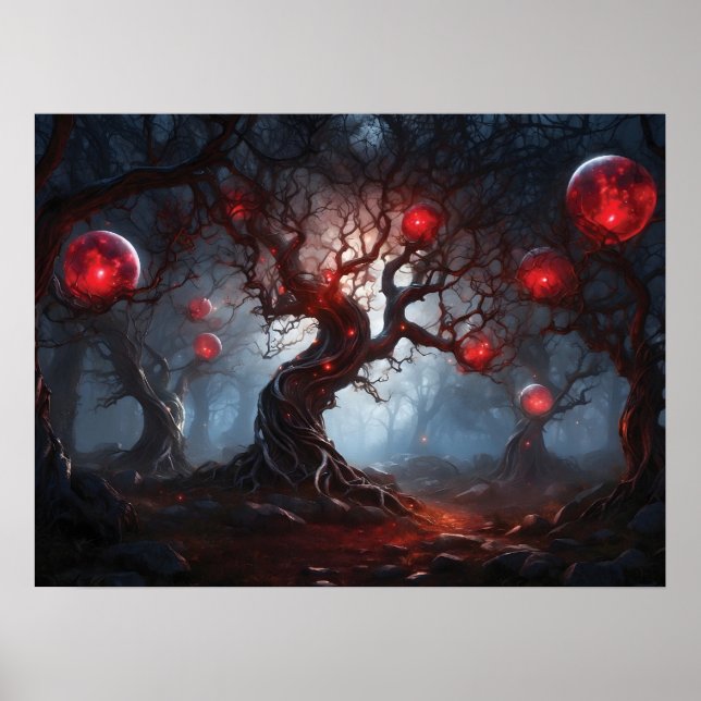Poster Forêt Alien, Arbres tordus, Orbes rouges brillante (Devant)