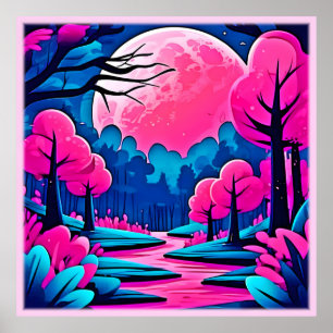 Poster Forêt artistique rose sous la lumière de la lune