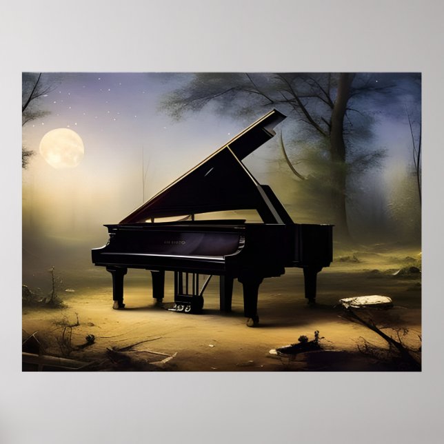 Poster Forêt au Clair de Lune Piano | Art Numérique (Devant)