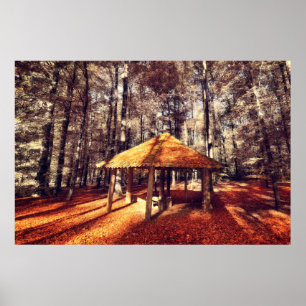 Poster Forêt automnale et chalet