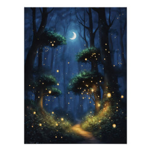 Poster Forêt avec lueurs de luciole et lune de croissant
