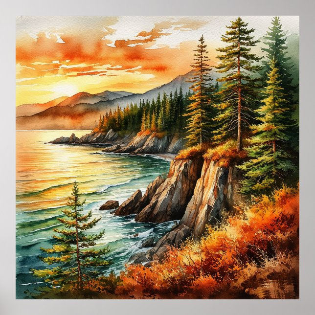 Poster Forêt côtière ensoleillée surplombant les vagues o (Devant)