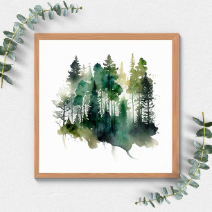 Poster Forêt d'arbres à l'aquarelle Nature Verts Bruns