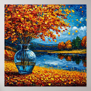 Poster Forêt d'automne sur le lac peinture à l'huile