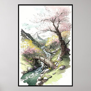 Poster Forêt de cerisier en fleurs à l'aube du printemps