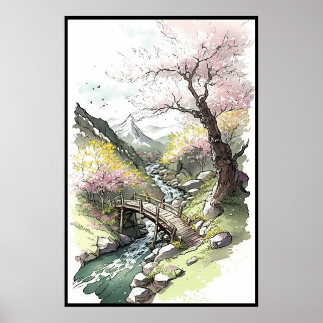 Poster Forêt de cerisier en fleurs à l'aube du printemps (Devant)