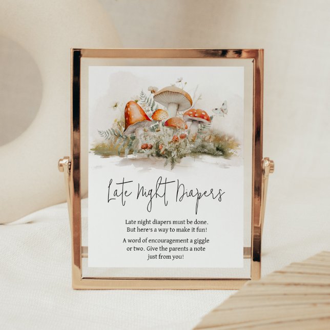Poster Forêt de champignons enchantée Diapositives de nui (Enchanted Mushroom Baby Shower Late Night Diapers Sign)