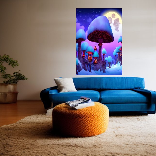 Poster Forêt de champignons, nuit, lune, neige | Art AI (Créateur téléchargé)