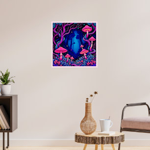 Poster Forêt de champignons rose néon Art