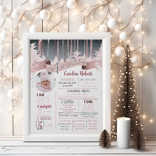 Poster Forêt de neige d'hiver Premières Anniversaire Stat (First Birthday Stats Poster Instant Download)