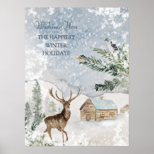 Poster Forêt de Noël Magique Cerf Oiseau