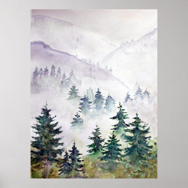 Poster forêt de pins après l'aquarelle peinte à la main a (Devant)