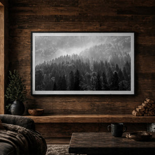 Poster Forêt de pins brumeuse Paysage en noir et blanc