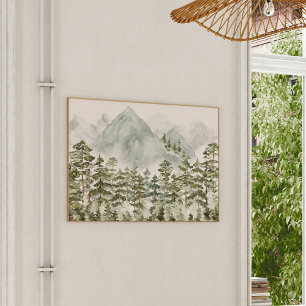 Poster Forêt de pins et montagnes à l'aquarelle