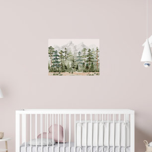 Poster Forêt de pins verte aquarelle sur montagne