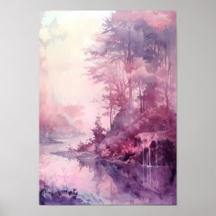 Poster Forêt de rêve à l'aquarelle dans des tons roses