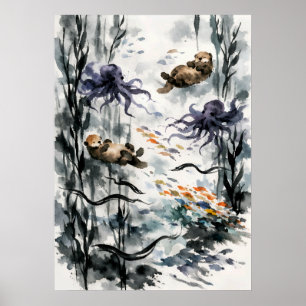 Poster Forêt de varech Art aquarelle Sumi-e