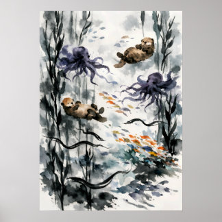 Poster Forêt de varech Art aquarelle Sumi-e