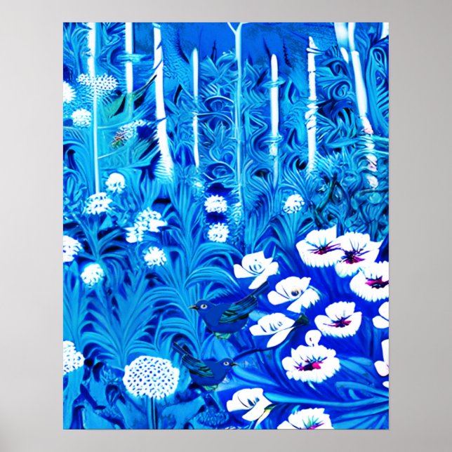Poster Forêt d'Imaginaires avec fleurs et oiseaux (Devant)