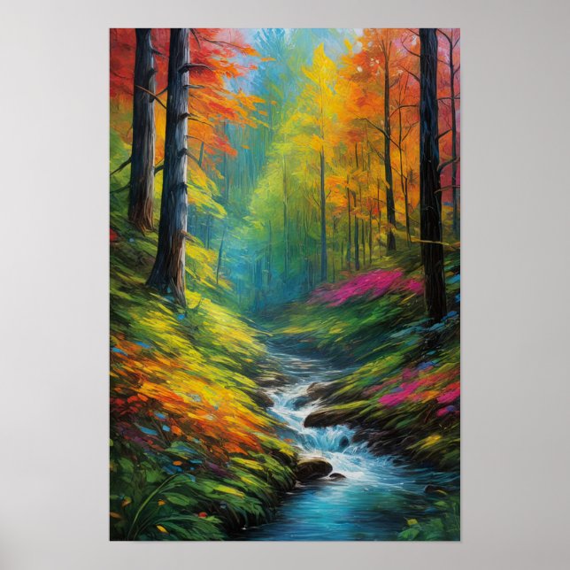Poster Forêt éclairée et ruisseau (Devant)