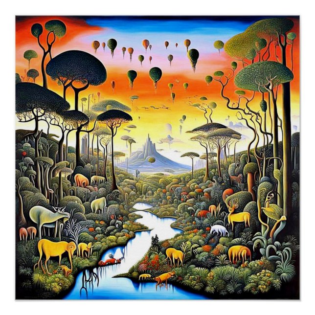 Poster Forêt enchantée avec faune exotique (Devant)