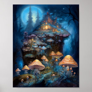 Poster Forêt enchantée Champignons Château Imaginaire Art