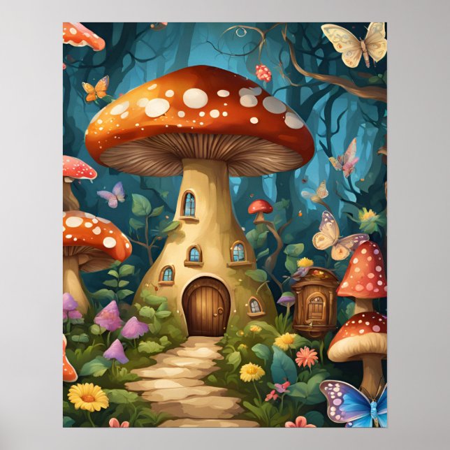 Poster Forêt enchantée de papillon de champignons (Devant)
